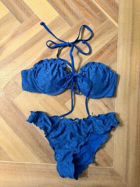 Blue Eyelet Ruffle Bikini Set